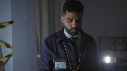 Hispanic detective analyzes evidence indoors at a dimly lit crime scene, looking pensive and...