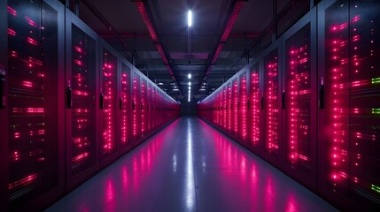 A large room with many computer servers lit up in pink