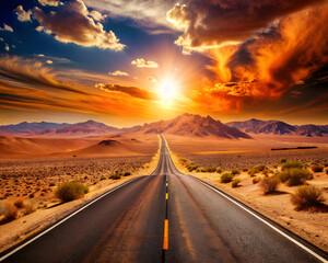 road in desert with sun and clouds