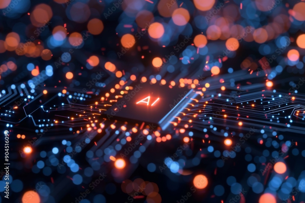 Poster advanced ai processor on circuit board glowing blue and red lights high tech design