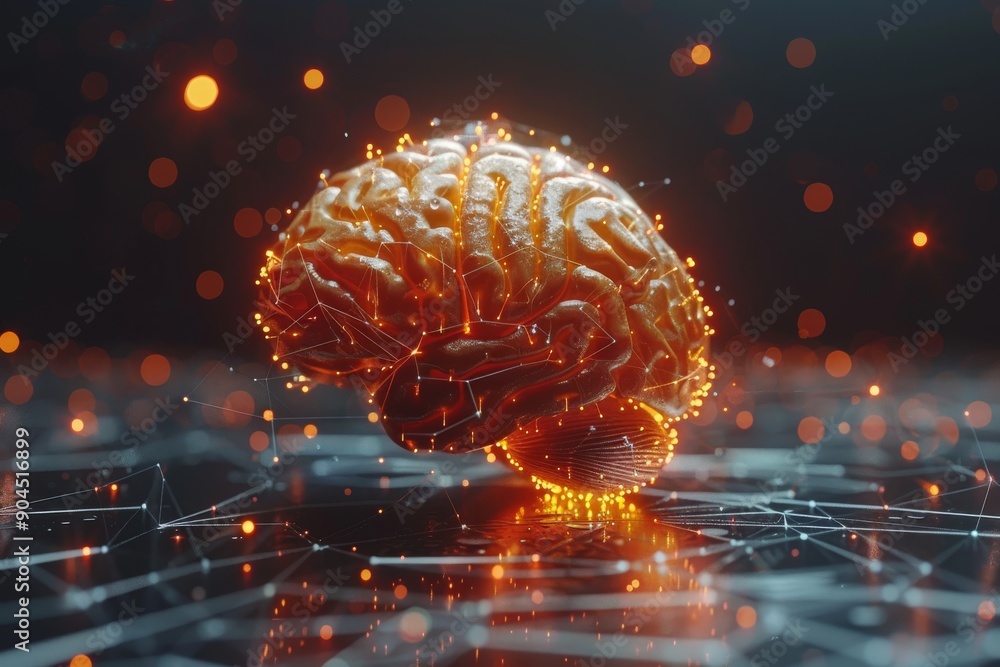 Poster advanced ai brain with glowing red and orange lights high tech neural network