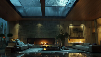 Atmospheric Nighttime Living Room with Fireplace and Skylight