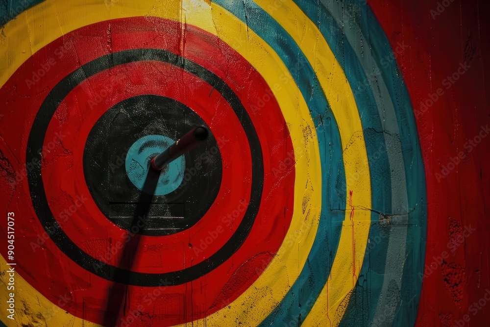 Poster arrow missing the bullseye of a target with colorful concentric circles painted on a textured wall