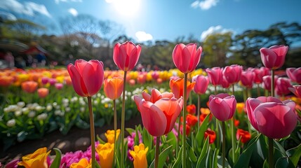 A field of flowers with a mix of pink and yellow flowers