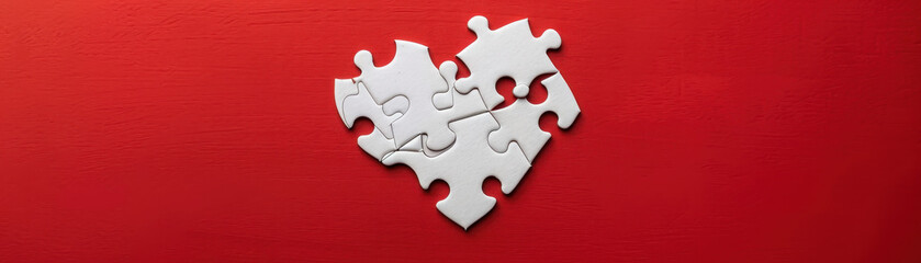 Fototapeta premium A white heart is cut into pieces and placed on a red background. Concept of loss and separation, as the heart is no longer whole. The red background adds to the emotional impact of the scene