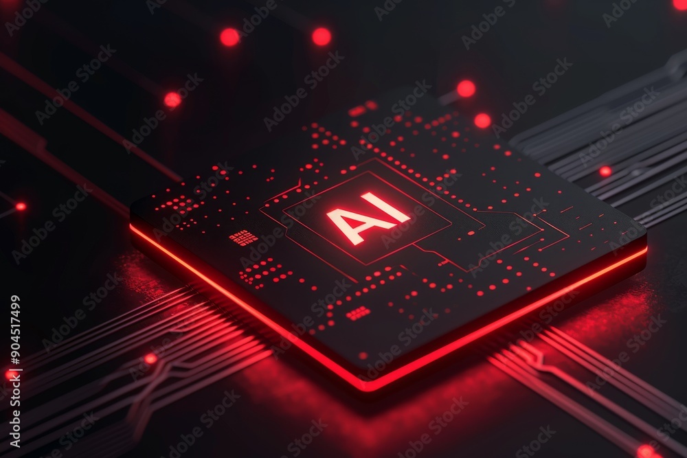 Poster glowing red ai microchip on futuristic circuit board symbolizing high tech innovation and technology