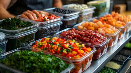 Obraz premium A variety of food items are displayed in clear plastic containers