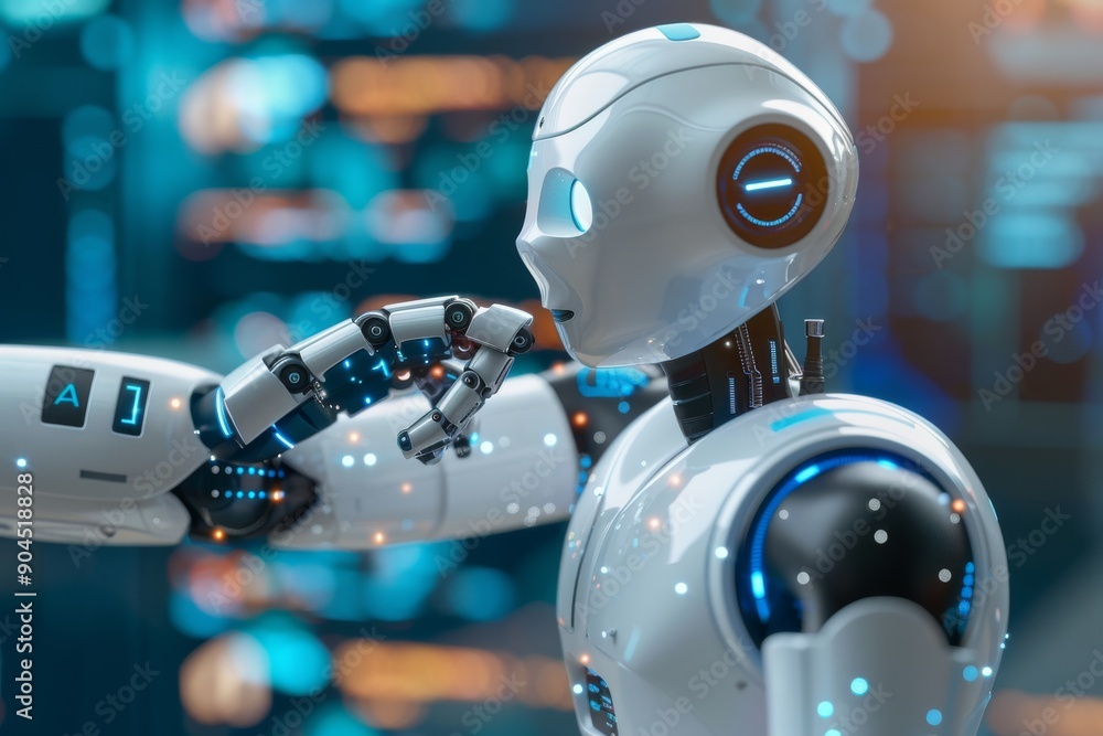Poster futuristic ai robot hand interacting with digital interface symbolizing advanced robotics and innova
