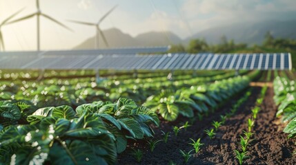 Agricultural landscape with wind turbines in the distance, suitable for environmental or industry-related content