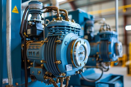Blue air compressor machine pumping air with pipes and valves in an industrial factory