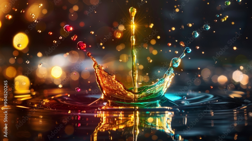 Poster vivid bokeh background enhances highspeed capture of colorful water drop splash, creating captivatin