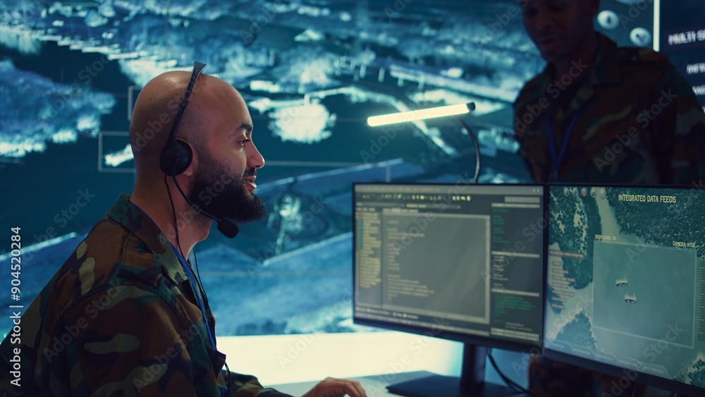 Poster male it specialist operating on reconnaissance system to transmit real time data for new field missi