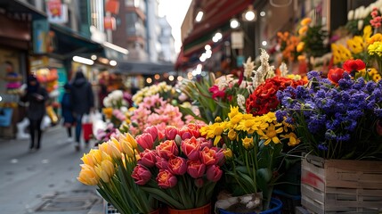 A street scene with a variety of flowers for sale