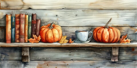 Cozy Autumn Shelf with Pumpkins, Books, and a Cup of Coffee.
