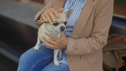 Middle-aged woman lovingly pets her chihuahua outdoors on a city street.