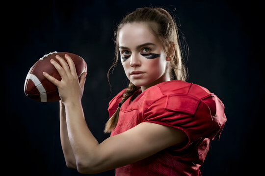 Intense Portrait of a Young Female Football Player Poised with Football in Hand Against a Dark Background
