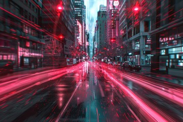 Obraz premium A bustling city street with numerous red lights illuminating the night scene