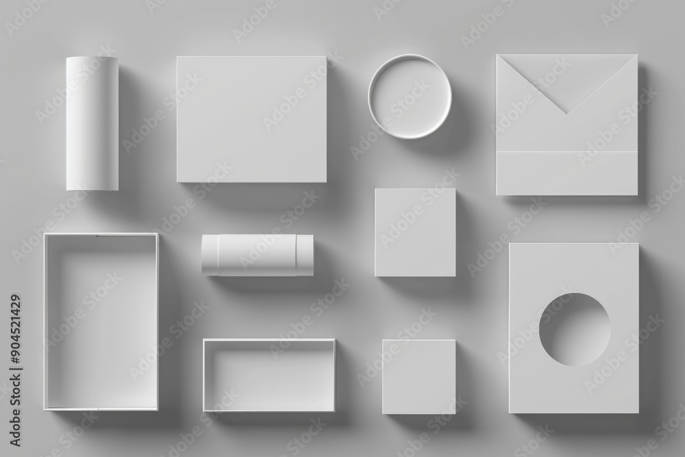 Poster collection of white storage boxes and containers on a gray surface, ideal for illustrations about or