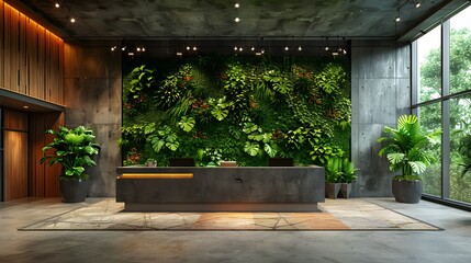 A large, modern office lobby with a green wall and a large potted plant