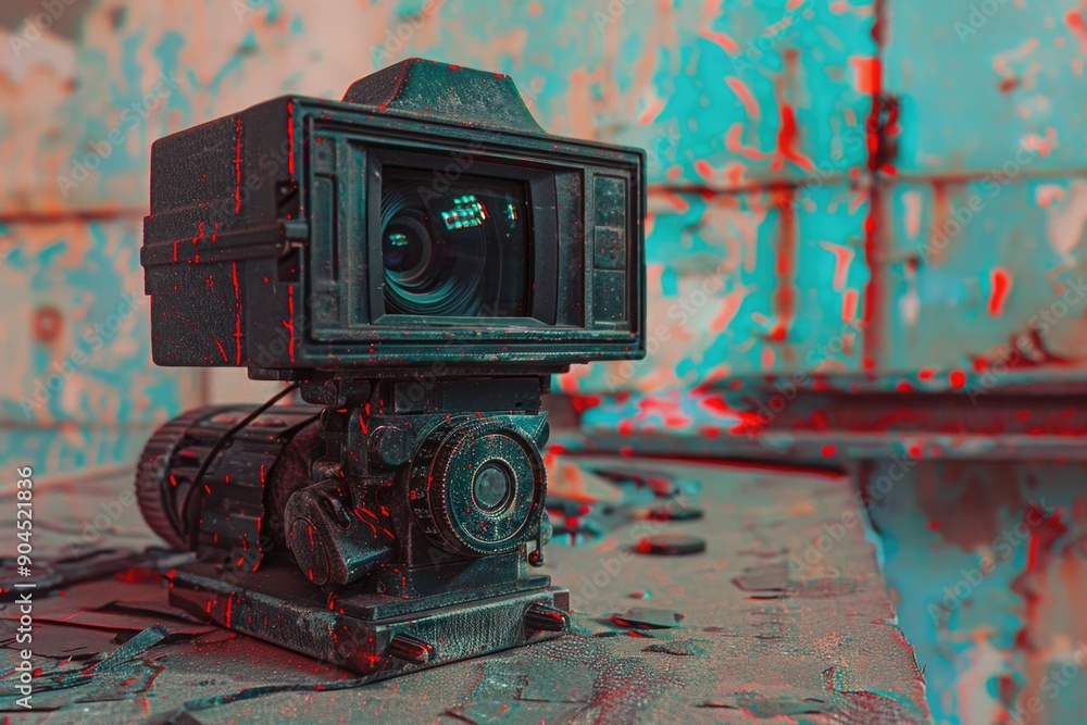 Poster an old camera placed on a table, suitable for use in historical or vintage-themed contexts