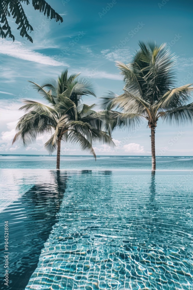 Aufkleber Three palm trees surrounded by water in a pool setting