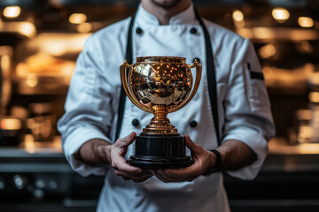 Photograph of a Chef Receiving a Culinary Award: A chef holding a culinary trophy in a restaurant.