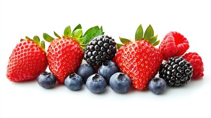 Assorted ripe berries featuring strawberries, blackberries, raspberries, and blueberries, cut out