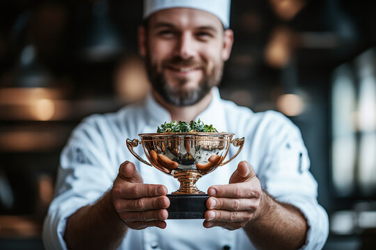 Photograph of a Chef Receiving a Culinary Award: A chef holding a culinary trophy in a restaurant.