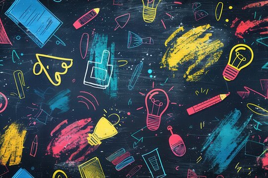 A vibrant chalkboard features colorful brush strokes and detailed drawings of globes, rulers, calculators, pencils, and lightbulbs. Generative AI