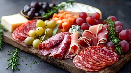 A wooden board with a variety of meats and cheeses, including ham, salami