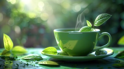 Green Tea Cup with Steam and Leaves