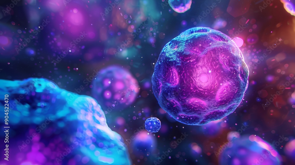 Aufkleber this is a colorful 3d rendering of microscopic cells set against a vibrant background