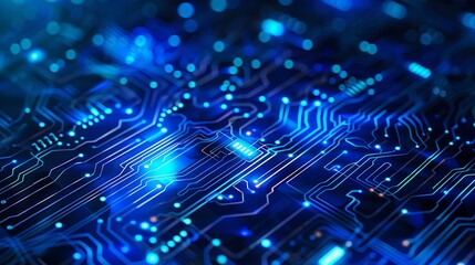 Abstract blue circuit board with glowing lines.