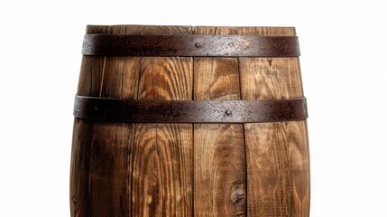 Isolated rustic wooden barrel with corroded metal bands, white background, space for text placement, detailed and commercial-friendly, realistic textures
