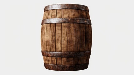 Obraz premium Isolated rustic wooden barrel with corroded metal bands, white background, space for text placement, detailed and commercial-friendly, realistic textures