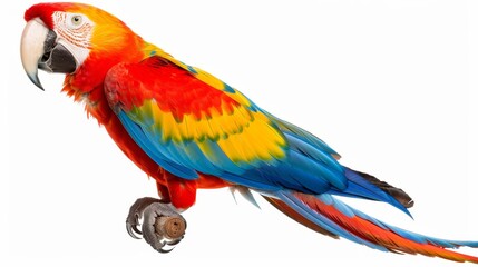 Obraz premium Majestic macaw in brilliant hues of red, blue, and yellow, isolated against a plain white backdrop, leaving room for text overlay