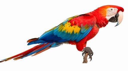 Obraz premium Majestic macaw in brilliant hues of red, blue, and yellow, isolated against a plain white backdrop, leaving room for text overlay