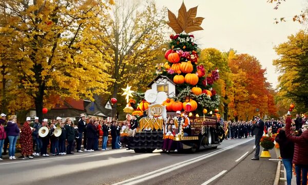 Describe an autumn holiday parade.