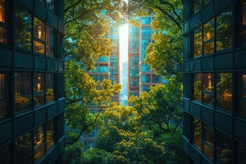 Fototapeta premium Eco architecture. Green tree and glass office building. The harmony of nature and modernity. Reflection of modern commercial building on glass with sunlight.