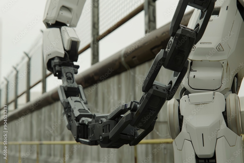 Poster robotic arm reaching for a fence in an industrial setting showcasing advanced technology and precisi