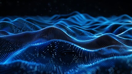 Abstract blue digital wave background with glowing particles. 