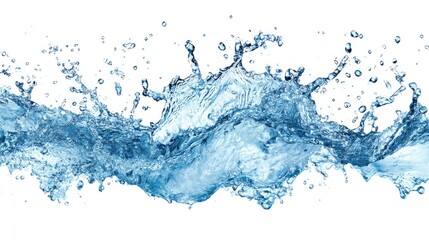 Blue water splash cut out on a white background, frozen mid-air with droplets sparkling in the light