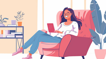 A cheerful female software developer sitting on a cozy armchair in a comfortable indoor workspace, smiling with joy.
