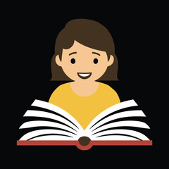 A cute little girl is reading or learning with the book flat icon.