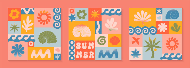 Vector summer illustrations with nature organic shapes,doodles.Groovy boho palm,beach,surf,waves,sun,seashells graphic symbols and elements.Summer vacation backgrounds in simple funny style.