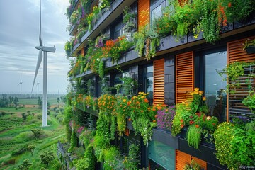 Exterior of a green sustainable building covered with blooming vertical hanging plants in front of wind turbines