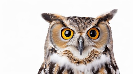 Fototapeta premium Portrait of a majestic owl with wide eyes, isolated background, plenty of room for copy text, perfect for educational material