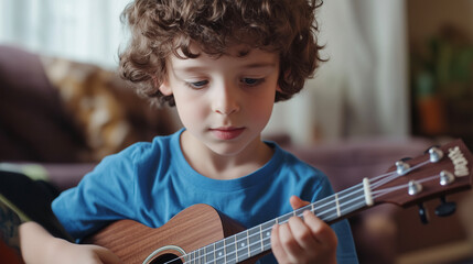 Close up shot of curly young boy with ukulele. He is a music lover