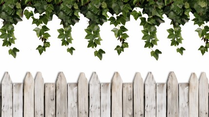 Fototapeta premium Rustic fence covered in ivy, isolated on a white background, plenty of space for text, countryside feel