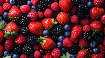 Colorful and fresh mix of ripe strawberries, blackberries, raspberries, and blueberries, cut out